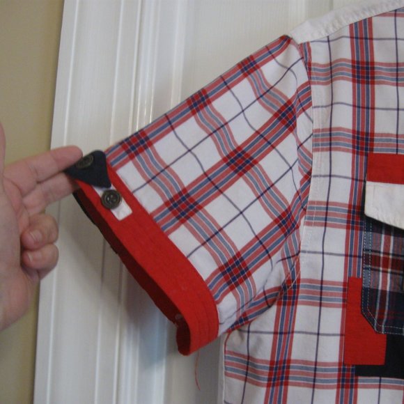 Denim Distillery Mens Short Sleeve Patchwork Plaid Shirt sz L Red White Blue - Picture 5 of 11